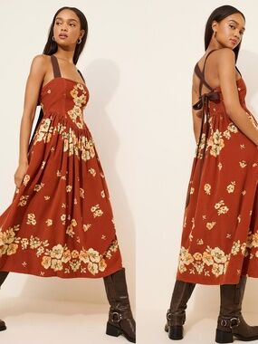 NEW FREE PEOPLE Brown FLORAL Corduroy UNTIL DAWN Cross Back MIDI DRESS M